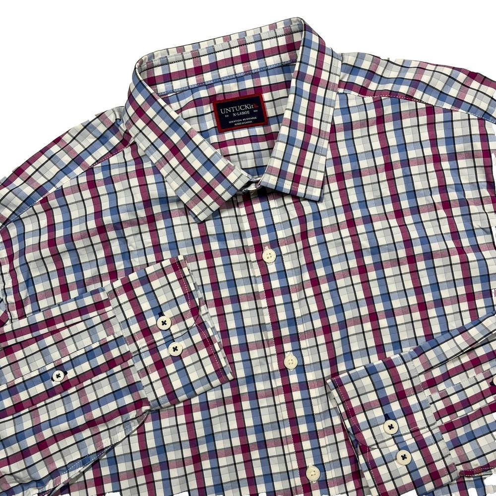 Untuckit Pin Oak Button Up Shirt Mens XL Purple Blue Plaid Stretch Performance